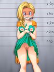  1girl bdsm bianca blonde_hair blue_eyes bondage bound braid breasts censored cleave_gag cloth_gag cuffs dragon_quest dragon_quest_v dress dress_lift erect_nipples female gag gagged handcuffs improvised_gag large_breasts lineup medium_breasts nipples no_panties pubic_hair pussy single_braid solo torn_clothes 