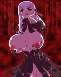  774_(nanashi) bad_id bad_pixiv_id bottomless breast_lift breasts dark_sakura fate/stay_night fate/unlimited_codes fate_(series) huge_breasts matou_sakura pussy_juice red_eyes saliva solo sweat teeth tongue translation_request type-moon white_hair 
