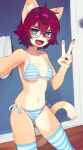  2021 5_fingers aeiou_(yoako) ahoge alternate_version_at_source anthro bikini breasts claws clothed clothing cute_fangs domestic_cat eyewear felid feline felis female finger_claws fingers footwear fur gesture glasses green_eyes hair hi_res kemono legwear looking_at_viewer mammal multicolored_body multicolored_fur navel open_mouth pattern_bikini pattern_clothing pattern_footwear pattern_legwear pattern_socks pattern_swimwear pawpads pink_nose portrait power_symbol pupils red_hair selfie short_hair signature small_breasts socks solo striped_bikini striped_clothing striped_footwear striped_socks striped_swimwear stripes swimwear tan_body tan_fur thigh_highs three-quarter_portrait tongue two_tone_body two_tone_fur under_boob unusual_pupils v_sign white_body white_fur yoako 