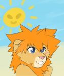  2019 anthro blue_eyes cheek_tuft clothed clothing digital_drawing_(artwork) digital_media_(artwork) emmycrew facial_tuft felid fur grin hair happy hi_res lion male mammal mane matt_(scratch21) orange_hair orange_mane outside pantherine scratch21 simple_background sky smile solo sun topless tuft yellow_body yellow_fur 