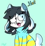  canid canine clothed clothing felid feline fluffbeansart fur hair mammal open_mouth pink_tongue simple_background smile teeth tem temmie_(undertale) text tongue topwear undertale undertale_(series) video_games white_body white_fur 