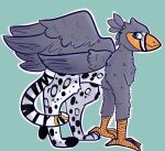  absurd_res accessory avian beak bird_feet blue_eyes feathered_wings feathers feral furgonomics grey_body gryphon hair_accessory hair_tie hi_res male markings mythological_avian mythology orange_markings paws ruzzy spots tail_accessory tricksterdoodles wings zebra_finch 