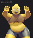  4_fingers alexander_bite alphys anthro belly big_breasts blush bottomwear breasts buckteeth chubby_anthro chubby_female claw_pose claws clothing crop_top english_text eyes_closed eyewear female fingers front_view glasses hi_res leaning leaning_forward legwear lizard midriff navel non-mammal_breasts open_mouth open_smile overweight overweight_anthro overweight_female portrait pose raised_arms reptile scales scalie shirt short_stack shorts signature slightly_chubby smile solo spats teeth text thick_thighs three-quarter_portrait tight_bottomwear tight_clothing tight_shorts topwear under_boob undertale_(series) wide_hips wide_stance yellow_body yellow_scales 