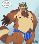  2021 anthro balls_outline belly brown_body bulge canid canine clothing deadanthro english_text genital_outline humanoid_hands kalibus male mammal moobs musclegut nipples overweight overweight_male raccoon_dog solo swimwear tanuki text 