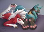  3_toes ambiguous/ambiguous ambiguous_gender anthro barefoot biskydraws blue_body blue_fur butt claws digitigrade duo feet foot_fetish foot_focus foot_lick foot_play fur hi_res hindpaw licking looking_at_viewer looking_back looking_back_at_viewer lucario lycanroc lying midnight_lycanroc nintendo nude on_front pawpads paws pink_pawpads pok&eacute;mon pok&eacute;mon_(species) presenting pupils red_body red_eyes signature simple_background slit_pupils soles toe_claws toes tongue tongue_out video_games 