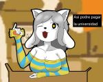 anthro breasts canid canine clothed clothing escupideratotis felid feline fur hair hi_res mammal one_eye_closed open_mouth spanish_text star_eyes tem temmie_(undertale) text topwear undertale undertale_(series) video_games white_body white_fur 