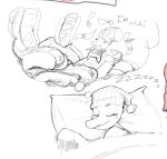  anthro bed bedding blanket blush cooking_with_tracy dialogue dinosaur dream eyelashes eyes_closed female food furniture general_proton giant_food head_on_pillow hot_dog lying money money_rain monochrome on_side pillow reptile scalie simple_background sleeping sleeping_cap smile solo tracy_(snoot_game) 