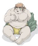 2021 absurd_res anthro band-aid bandage belly black_nose blush bulge clothing fur hi_res humanoid_hands kemono male mammal moobs nipples obese obese_male one_eye_closed overweight overweight_male polar_bear roostax_wilddog simple_background sitting solo underwear ursid ursine white_background white_body white_fur 