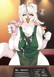  anthro apron big_breasts blush breasts canid canine canis clothing colored_nails container cup digital_media_(artwork) female fur green_apron hair hi_res huge_breasts i_mean_breast_milk kemono lemoco mammal meme nails shaded smile solo 