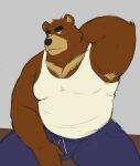  2021 absurd_res anthro armpit_hair blush body_hair bottomwear brown_body bulge cemagcre clothed clothing hi_res humanoid_hands juuichi_mikazuki male mammal morenatsu overweight overweight_male pants shirt sitting solo tank_top topwear ursid video_games visual_novel 