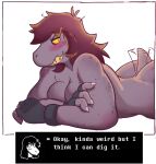  anthro big_butt blush bodily_fluids breasts butt clothing deltarune dialogue english_text female freckles gloves handwear nervous_sweat non-mammal_breasts s8anon scalie simple_background smile solo susie_(deltarune) sweat tail_motion tailwag text undertale_(series) video_games 