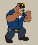  2021 anthro bottomwear brok_the_investigator brown_body clothing cowcatgames hat headgear headwear hi_res humanoid_hands male mammal official_art overweight overweight_male pants police police_hat police_uniform r.j._(brok_the_investigator) shirt simple_background solo topwear uniform ursid 