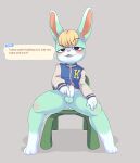  3_toes 4_fingers absurd_res animal_crossing anthro c0draw chair crotch_lines dialogue english_text feet fingers foreskin froggy_chair furniture genitals green_chair header header_box hi_res humanoid_genitalia humanoid_penis lagomorph leporid letterman_jacket male mammal nintendo on_chair penis rabbit sasha_(animal_crossing) sitting smug_face solo speech_bubble text text_header toes video_games 