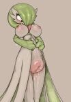  anthro big_breasts big_pussy blush bodily_fluids body_blush breasts clothing female gardevoir genital_fluids genitals hi_res hyper hyper_genitalia hyper_pussy nervous nintendo nipples pink_nipples pok&eacute;mon pok&eacute;mon_(species) pussy pussy_blush pussy_juice scruffythedeer shaking simple_background solo tan_background undressing video_games 