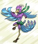  anthro avian bassybefuddle beak biped bird bird_feet blue_body clothing feathered_crest feathered_wings feathers galliform green_eyes gyro_feather head_crest hi_res male peafowl phasianid pink_body tail_feathers winged_arms wings 