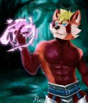  absurd_res ailurid anthro armor azmut colored digital_media_(artwork) forest forest_background hi_res magic male mammal nature nature_background plant red_panda solo tree warrior 