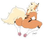  2021 4_toes anthro anthrofied arcanine big_breasts big_butt blonde_hair breasts butt canid canine digitigrade feet female fur hair hi_res looking_at_viewer looking_back looking_back_at_viewer lycanroc mammal nintendo orange_body orange_fur pawpads paws pink_pawpads pok&eacute;mon pok&eacute;mon_(species) pok&eacute;morph signature simple_background smile solo stripes thick_thighs toes video_games white_background yogoat 