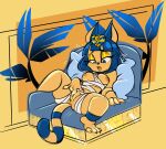  absurd_res animal_crossing ankha_(animal_crossing) anthro bed blue_hair bodily_fluids breasts chaise_lounge domestic_cat felid feline felis female fingering fingering_self furniture genital_fluids genitals hair hi_res looking_pleasured lying lying_on_bed mammal masturbation mostly_nude mummy_costume nintendo nipples on_bed open_mouth pillow pussy pussy_juice rougefetus solo uraeus video_games 