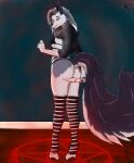  anthro blood bodily_fluids bra breasts butt canid canid_demon canine clothed clothing demon female footwear fur hair hellhound helluva_boss hi_res immoveableguide knife legwear looking_at_viewer loona_(helluva_boss) mammal panties pentagram red_eyes red_sclera simple_background socks solo topwear underwear weapon white_body white_fur 