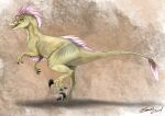  brown_background claws dinosaur dromaeosaurid fangs female feral fluttershy_(mlp) friendship_is_magic hasbro hi_res looking_at_viewer my_little_pony on_one_leg open_mouth race_swap reptile sakuracheetah scalie signature simple_background solo standing theropod tongue 