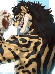  absurd_res anthro black_hair black_nose blue_eyes cheetah claws digitigrade eyewear fangs felid feline fur glasses hair hi_res king_cheetah kofi_(kofithechee) male mammal pawpads spots spotted_body spotted_fur stripes 