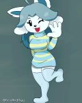  4:5 anthro anthrofied breasts canid canine clothed clothing felid feline fur hair hi_res krisandmiyu mammal one_eye_closed one_hand_up one_leg_up open_mouth raised_leg simple_background smile tem temmie_(undertale) text topwear undertale undertale_(series) video_games white_body white_fur wink 