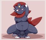  2021 anthro balls belly big_balls border chubby_male crouching fangs foreskin genitals hi_res humanoid male moobs nintendo overweight overweight_male pencilpiper penis pink_border pok&eacute;mon pok&eacute;mon_(species) presenting presenting_penis small_penis smug solo thick_thighs video_games weavile 