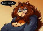  2021 absurd_res anthro big_breasts blush breasts brown_hair canid canine canis clothed clothing dialogue domestic_dog english_text eyebrows eyewear female glasses green_eyes hair hi_res mammal solo superia superix text 
