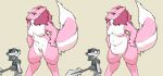  2021 ambiguous_gender anthro avali belly big_tail blush breasts digital_media_(artwork) duo female fur grey_body grey_fur hair hi_res lily_(troplilly) navel overweight overweight_female pink_body pink_fur pink_hair sequence sergal size_difference taller_female troplilly weight_gain white_body white_fur 