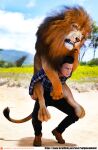  3d_(artwork) angry annoyed carrying digital_media_(artwork) dominant duo felid feral hi_res human lion male male/male mammal pantherine piggyback vulpineadonis weightplay 