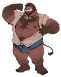  2021 anthro bearwivme belly broody brown_body brown_fur bulge clothed clothing fur hi_res humanoid_hands male mammal moobs musclegut nipples open_clothing open_shirt open_topwear overweight overweight_male shirt simple_background solo suid suina sus_(pig) topwear underwear white_background wild_boar 