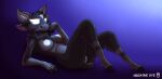  4_ears anthro areola big_breasts black_background black_body black_fur blue_background bovid breasts butt curvy_figure eyebrows eyelashes female fingers fur genitals glowing glowing_eyes glowing_genitalia glowing_markings glowing_nipples gradient_background grey_body grey_fur hi_res hooves lerien looking_at_viewer lying mammal markings multi_ear neck_tuft negativedye nipples nude on_back pose pussy shape_shifter short_tail simple_background smile solo thick_thighs tuft white_areola white_eyes white_nipples wide_hips yelen_(negativedye) 