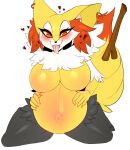  anthro belly big_belly big_breasts black_body black_fur braixen breasts ear_piercing ear_ring featureless_breasts female fur hand_on_stomach hi_res koshhhata looking_at_viewer navel nintendo piercing pok&eacute;mon pok&eacute;mon_(species) pregnant solo tongue tongue_out video_games white_body white_fur yellow_body yellow_fur 