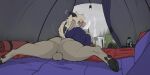  2:1 absurd_res anthro balls blush bottomless bovid butt camping caprine clothed clothing detailed_background dewi_(securipun) genitals girly hi_res looking_at_viewer looking_back lying male mammal outside partially_clothed raining securipun sheep solo tent 