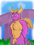  &lt;3 &lt;3_eyes absurd_res activision anthro balls blue_sky blush bridge dannysorrow dragon genitals glistening glistening_body grass half-erect hands_behind_back hi_res horn looking_at_genitalia looking_at_penis looking_down looking_pleasured male muscular muscular_anthro muscular_male navel nude penis plant purple_body purple_eyes purple_scales purple_skin scales simple_background sky small_wings smile solo spyro spyro_the_dragon standing tongue tongue_out video_games wings yellow_body yellow_horn yellow_scales yellow_skin 