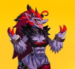  2021 abs absurd_res anthro black_highlights blue_eyes claws clothing drunk_oak fur grey_body grey_ears grey_fur hair hi_res highlights_(coloring) legwear looking_at_viewer nintendo open_mouth pink_tongue pok&eacute;mon pok&eacute;mon_(species) red_claws red_hair red_inner_ear simple_background solo thigh_highs tongue video_games zoroark 