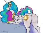  bed bodily_fluids butt equid equine female feral friendship_is_magic furniture hair hasbro horn horse kalthakar mammal mudwatch multicolored_hair my_little_pony presenting presenting_hindquarters princess_celestia_(mlp) ready_for_sex simple_background solo sweat tongue tongue_out waiting white_background winged_unicorn wings 