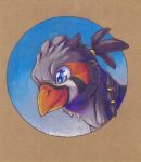  accessory avian beak blue_eyes feral grey_body gryphon hair_accessory hair_tie hi_res male markings mythological_avian mythology orange_markings portrait ruzzy sombra_(artist) zebra_finch 