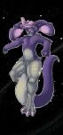  anthro ashi_is_trashy blue_collar chest_tuft claws collar crotch_tuft fur green_eyes hair hi_res in_space kalystri lagomorph leporid male mammal metallic_body purple_body purple_fur purple_hair rabbit solo space standing tuft 