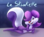  6:5 anthro female fifi_la_fume french_text hair hair_over_eye looking_at_viewer lying mammal mephitid nietzab nude on_side one_eye_obstructed open_mouth open_smile skunk smile solo text tiny_toon_adventures warner_brothers 