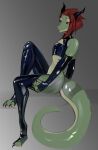  anthro black_sclera clothing girly gloves green_body hair handwear hi_res horn latex_clothing latex_gloves latex_legwear latex_stockings lizzard lizzy(lizkrin) male oil red_eyes red_hair rubber rubber_clothing rubber_suit scalie simple_background solo tja 