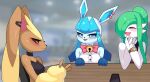  2021 anthro black_clothing black_sclera blue_body blue_ears blue_inner_ear clothed clothing drunk_oak eeveelution eyes_closed gardevoir glaceon group hair hair_over_eye hi_res humanoid looking_at_another lopunny narrowed_eyes nintendo one_eye_obstructed pok&eacute;mon pok&eacute;mon_(species) trio video_games white_clothing 