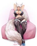  2021 absurd_res animal_humanoid big_breasts boots bottomwear breasts canid canid_humanoid canine canine_humanoid cleavage clothed clothing female footwear fox_humanoid hair hi_res humanoid jewelry legwear mammal mammal_humanoid navel necklace nofuture raised_arms shorts sitting solo thigh_boots thigh_highs white_hair 