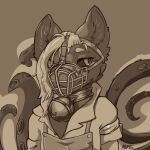  1:1 anthro bell bell_collar clothed clothing collar domestic_cat felid feline felis kalystri kalystri_(character) line_art looking_at_viewer male mammal monochrome muzzle_(object) muzzled overalls simple_background solo speckled_fur tentacles 