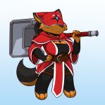  absurd_res anthro belt breasts canid chibi cleavage clothed clothing female fur hammer hand_on_hip hi_res infinitedge mammal mask smile solo tools warhammer 