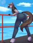  absurd_res anthro big_butt black_muzzle bottomwear brown_eyes brown_hair bubble_butt butt clothing cloudy_sky crop_top dallas_prairiewind denim denim_clothing equid equine fur girly grey_body grey_fur hair hat headgear headwear hi_res horse jeans leaning leaning_forward leaning_on_railing looking_at_viewer looking_back male mammal markings pants pascalthepommie rear_view shirt topwear visible_underwear water white_markings 