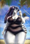  anthro beach breasts canid canine clothing dessert female food hi_res ice_cream mammal mononi obese outside overweight overweight_female palm_tree plant seaside solo swimwear tree 