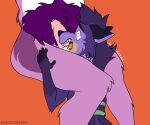  6:5 absurd_res agneel_(character) anthro asphyxiation canid canine canis dantem_(character) duo esacosaverde felid fur green_stripes hi_res lion male male/male mammal pantherine purple_body purple_fur stripes wolf 