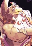  1boshi 2021 anthro avian back_wings beak beak_lick black_background blue_eyes brown_body brown_feathers feathers gandharva indian_clothing licking lifewonders male multicolored_body multicolored_feathers muscular muscular_anthro muscular_male nipples prayer_beads simple_background solo tokyo_afterschool_summoners tongue tongue_out two_tone_body two_tone_feathers video_games white_body white_feathers wraps wrist_wraps yellow_beak 