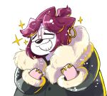  2021 anaugi anthro badger clothed clothing coat ear_piercing ear_ring eyes_closed eyewear fur glasses gold_ring grin hair hi_res male mammal mustelid musteline nuggy_(anaugi) piercing pink_body pink_fur ponytail red_hair short_hair simple_background smile snow solo star tied_hair topwear white_background 